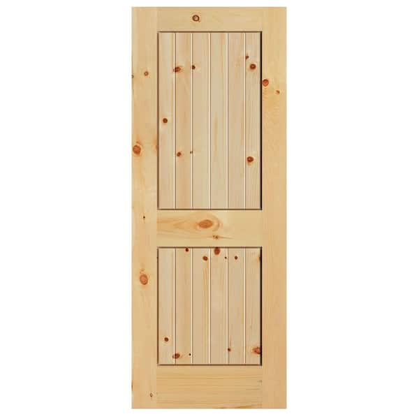 Masonite 40 in. x 84 in. Knotty Pine Veneer 2 Panel Plank V-Groove Solid Wood Interior Barn Door Slab
