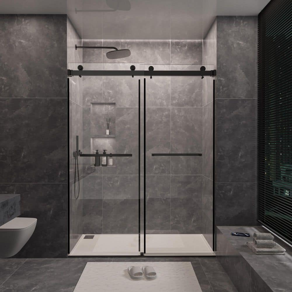 60 in. W x 76 in. H Sliding Frameless Shower Door in Matte Black with 3/8 in. Clear Glass price history on PriceWatchPro