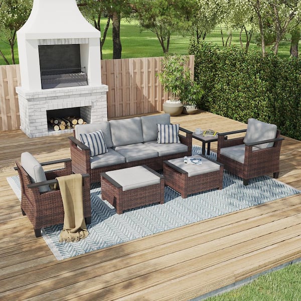 6 Pieces All-Weather PE Brown Wicker Patio Conversation Set with Side Table with Linen Grey Cushion
