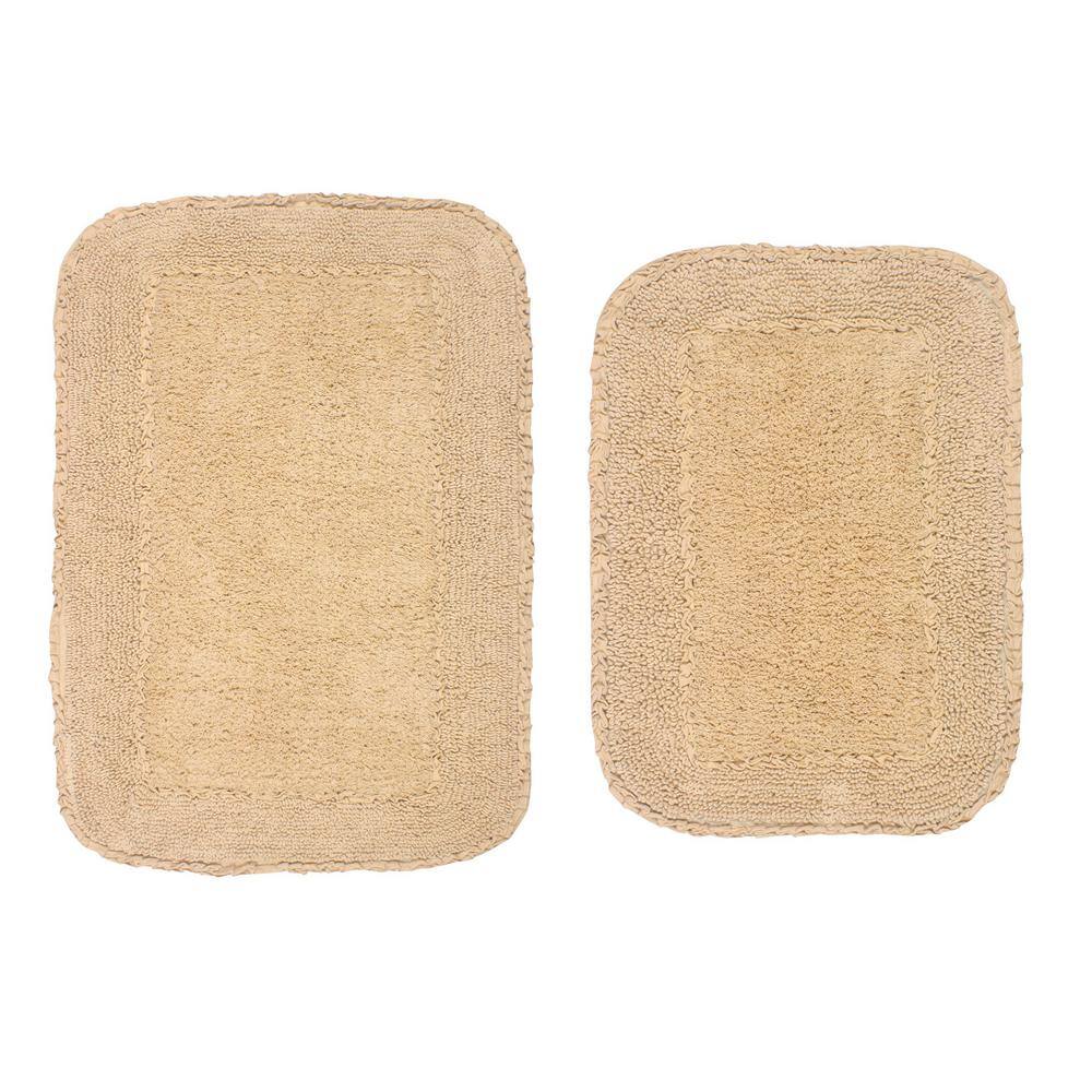 Beige Cotton Ruffle Pattern Tufted Bath Rug Set