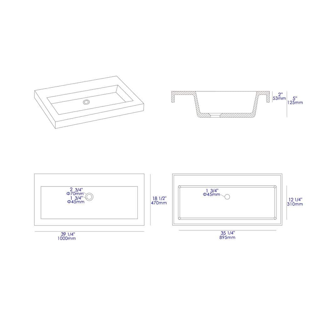 Gray Matte Concrete Rectangular Vessel Sink, 42-inch