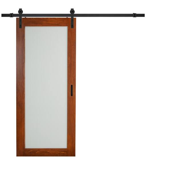 TRUporte 36 in. x 84 in. Cherry MDF Frosted Glass 1 Lite Design Sliding Barn Door with Rustic Hardware Kit