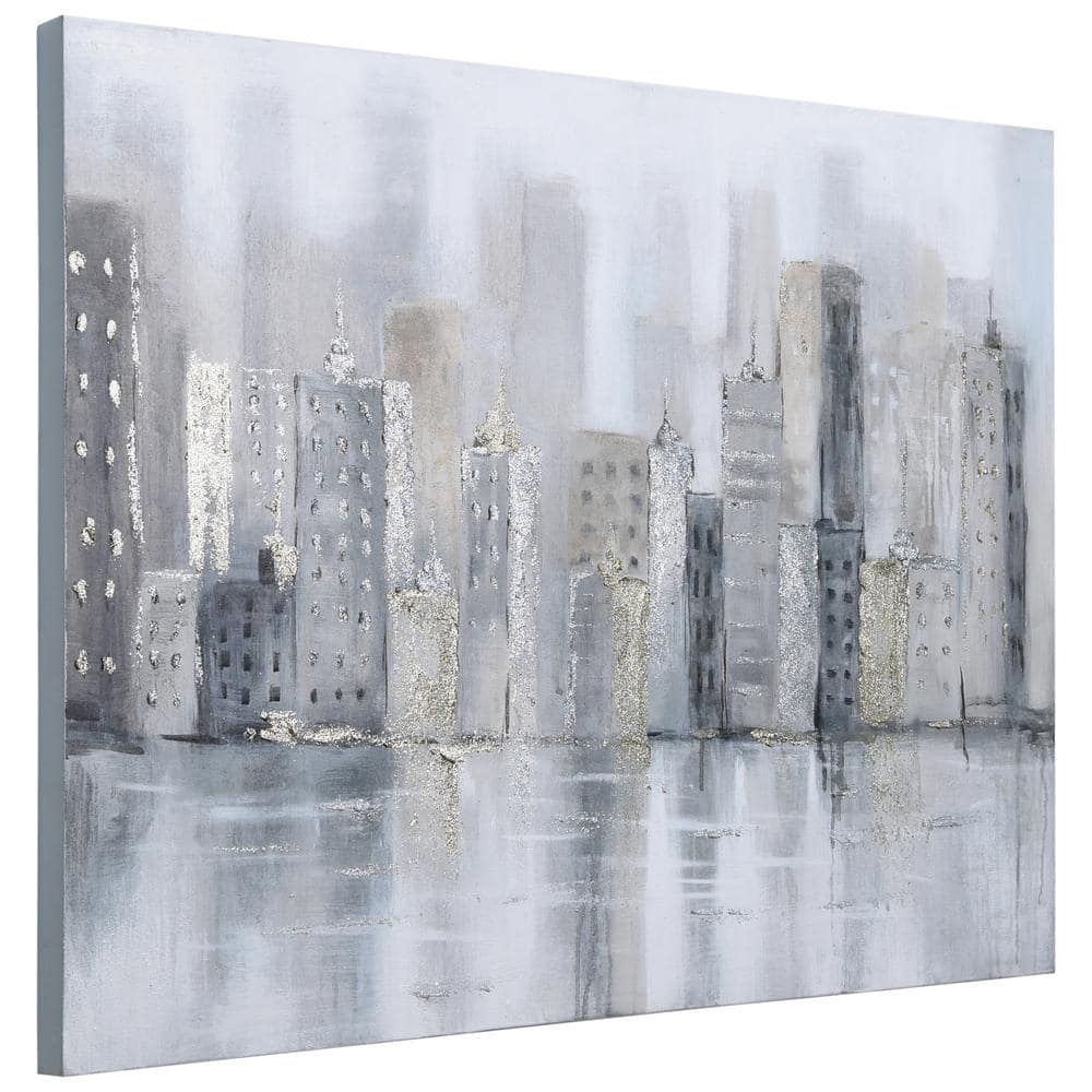 Foggy City Metallic Hand Painted Abstract Canvas Wall Art, 30" x 40"