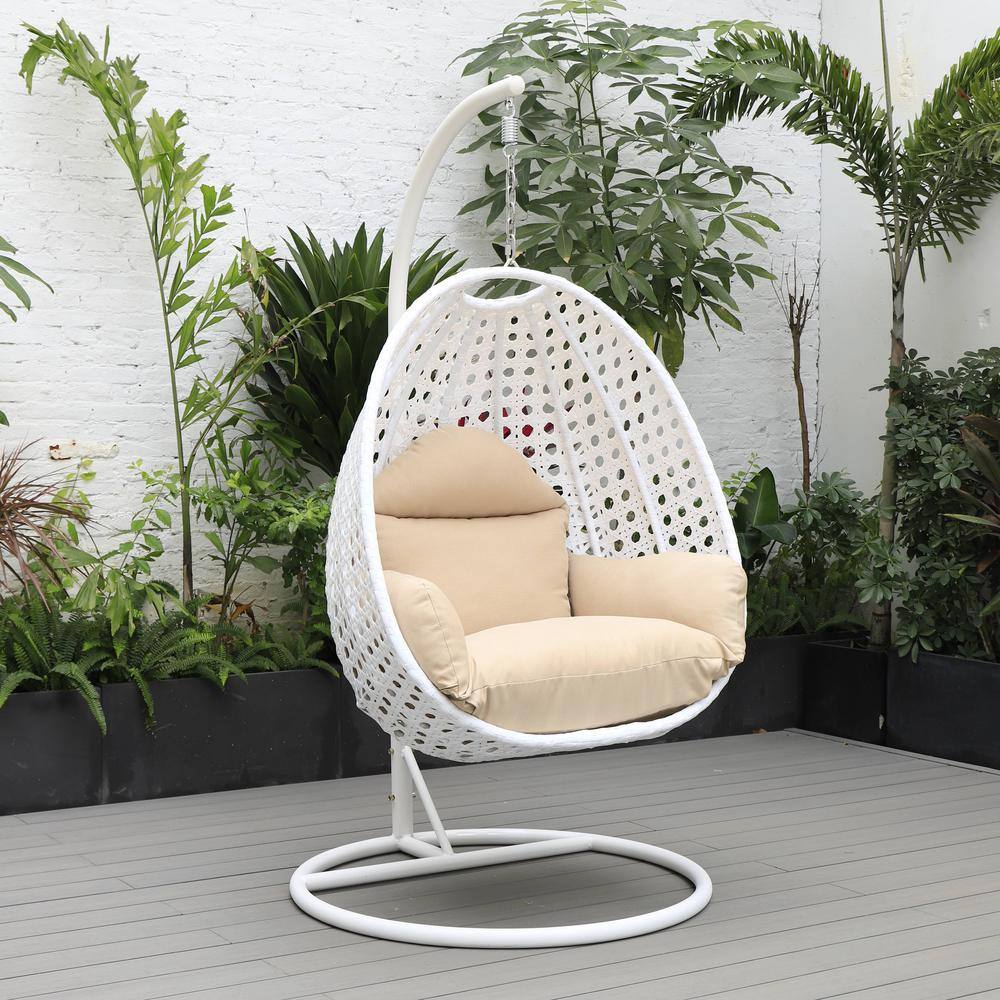 LeisureMod Wicker Hanging Egg Swing Chair with Soft Beige Cushions