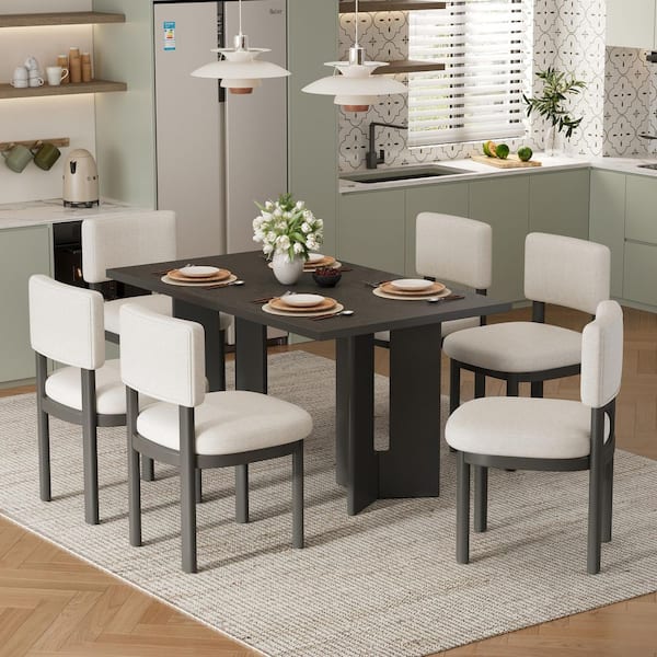 Polibi 5 -Piece Rectangular Gray Solid Wood Top Dining Room Set 4 with ...