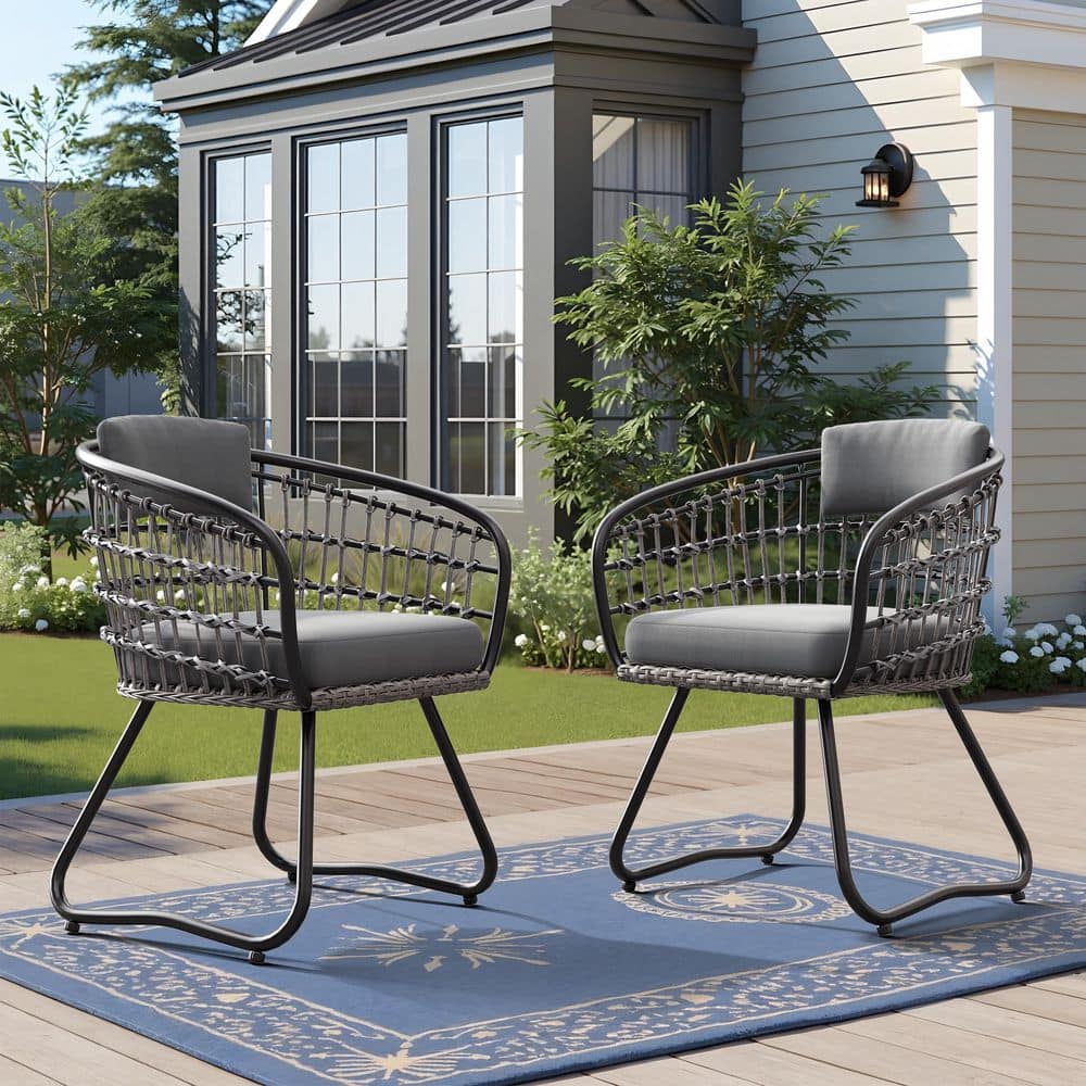 6-pc Powder Coated Metal Frame Outdoor Patio Dining Chair PE Rattan Chair with Thick Cushion in Gray For Backyard price history on PriceWatchPro