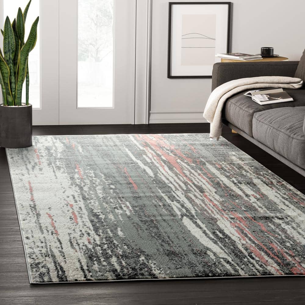 Gray and Pink Distressed Abstract 4' x 6' Synthetic Area Rug