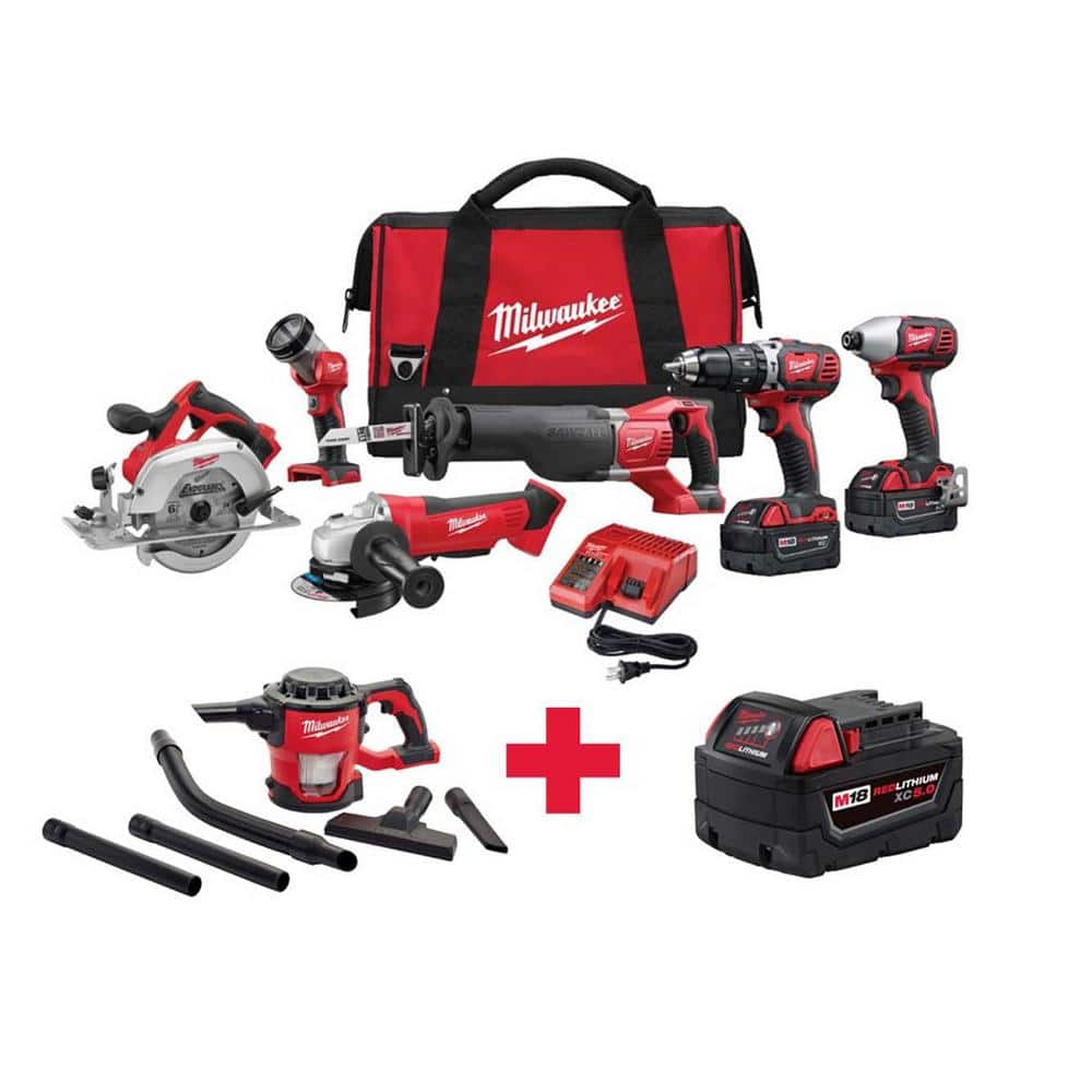 M18 18V Lithium-Ion Cordless Combo Kit (6-Tool) with Free M18 Vacuum and M18 XC 5AH Battery -  Milwaukee, 2696-26-XL2