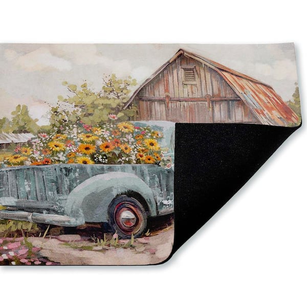 Vintage Truck with Flowers Brown 18 in. x 30 in. Polyester Non-Slip Outdoor Door Mat