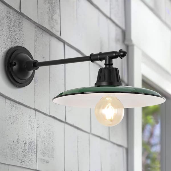 JONATHAN Y Bonner 12 in. Green 1-Light Farmhouse Industrial Indoor/Outdoor Iron LED Victorian Arm Outdoor Sconce