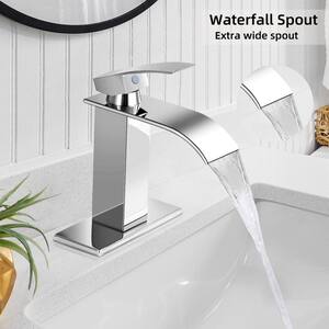 Waterfall Single Handle Single Hole Low-Arc Bathroom Faucet with Deckplate Polished Chrome