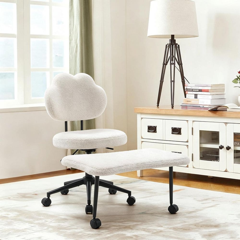 Teddy Fabric Ergonomic Cross Leg Office Stool Chair in Beige, Adjustable Height Chair with Wheels, Lumbar Support