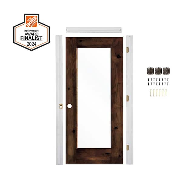 DIY 30in.x80in. Right-Hand 1-Lite ClearGlass RedMahogany Stain Alder Wood Single Interior Door Kit w/Quick Assemble Jamb