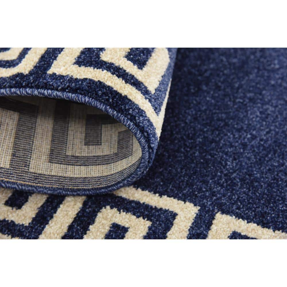 Navy Blue Geometric Border Rectangular Synthetic Rug
