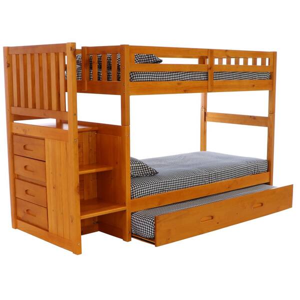 American Furniture Classics Honey Solid Pine Twin over Twin Staircase Bunkbed with 4-Drawer Chest and Twin Trundle