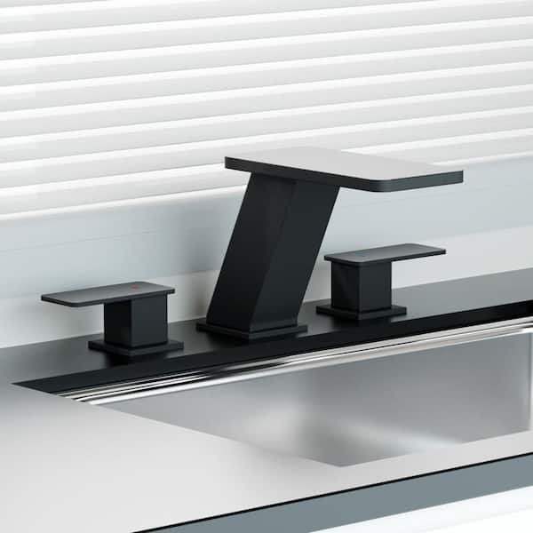 Elite 8 in. Waterfall Widespread 2-Handle Bathroom Faucet 3-Hole Bath Sink Faucet with Pop-Up Drain in Matte Black