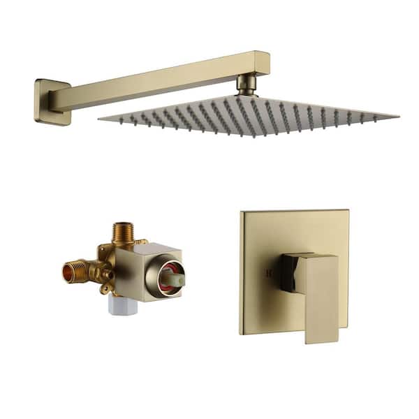 1-Spray Pattern with 1.8 GPM 10 in. with Wall Mount Square Fixed Shower Head in Brushed Gold (Valve Included)