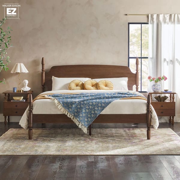 Modern Farmhouse Easy Assembly Brown Solid Wood Frame King Platform Bed with Spindle Detailing