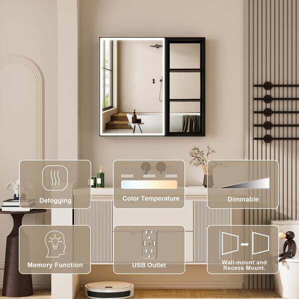 Forclover Dimmable LED Bathroom Medicine Cabinet 40-in x 30-in Defogging Surface Mount Black Mirrored Medicine Cabinet with 2 Side Cabinet Left Open