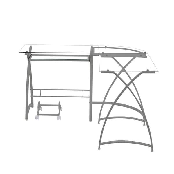 HomeRoots 51 in. L Shape Clear and Gray Glass Computer Desk