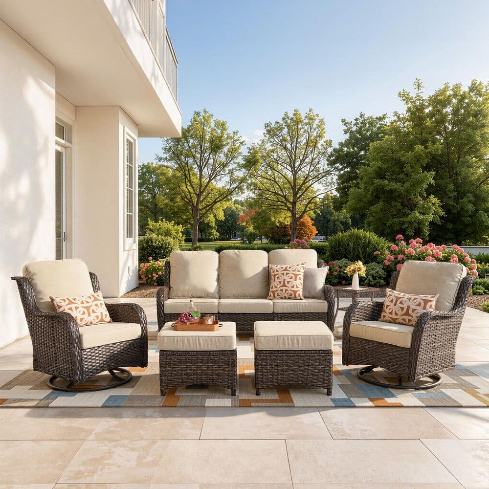 New Kenard Brown 6-Piece Wicker Patio Conversation Set with Beige Cushions and Swivel Rocking Chairs price history on PriceWatchPro