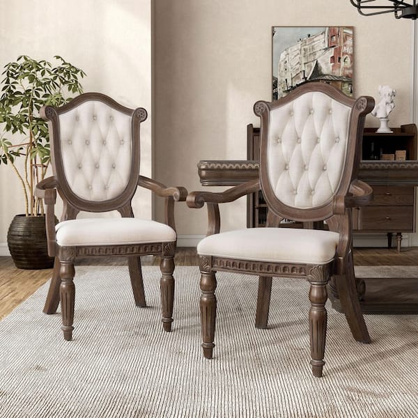 Furniture of America Banks Weathered Oak Fabric Upholstered Arm Chairs with Sheraton Shield Back and Diamond Button Tufted (Set of 2)