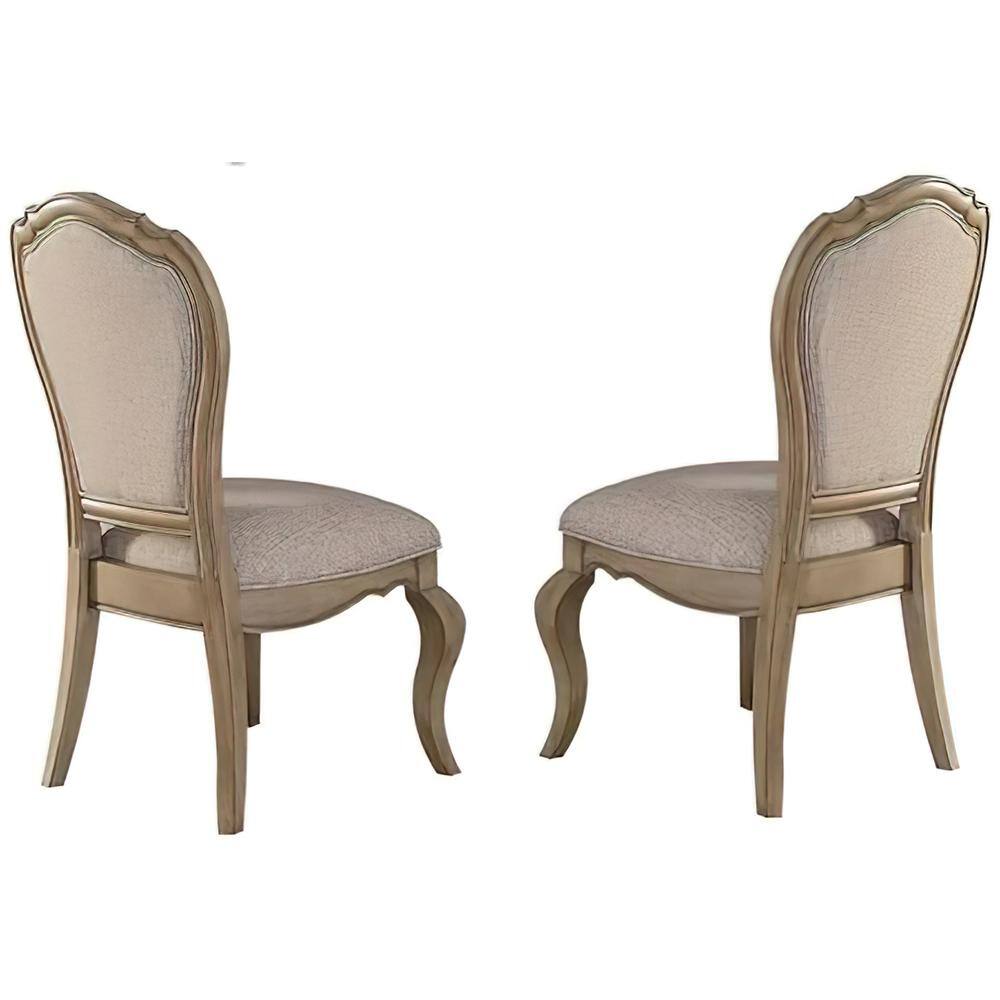 Antique Taupe Upholstered Side Chair with Beige Fabric, Set of 2