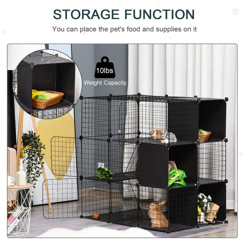 Black Metal Multi-Level Cat Playpen with Ramps and Storage