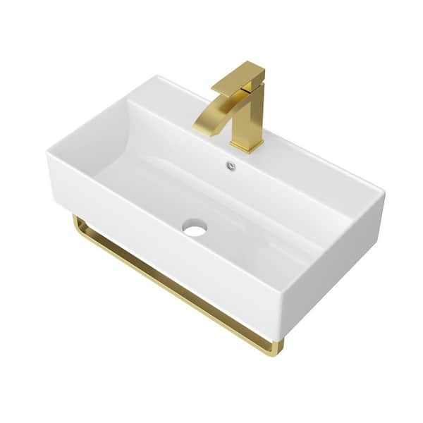 21 in Wall-Mounted Ceramic Rectangular Bathroom Sink in White with Gold Towel Bar and Gold Faucet