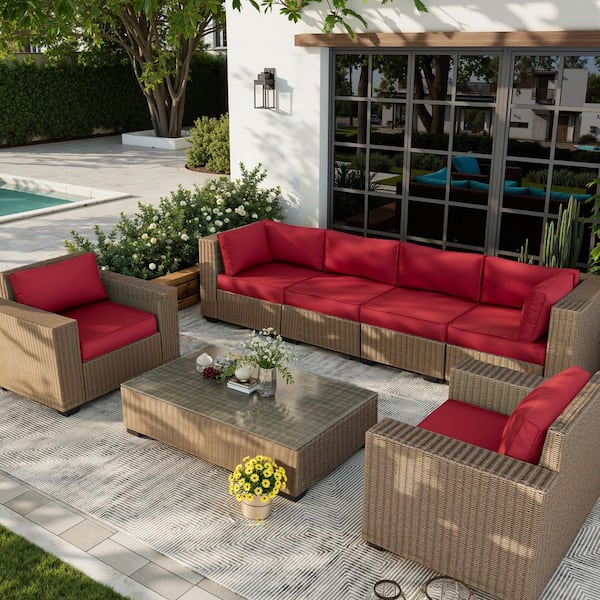 Poteban Outdoor 4 in. Sectional Cushion Set Seat/Back Dark Red Cushion (Set of 6-Cushion, 6-Backrests, 2-Coner Cushions)