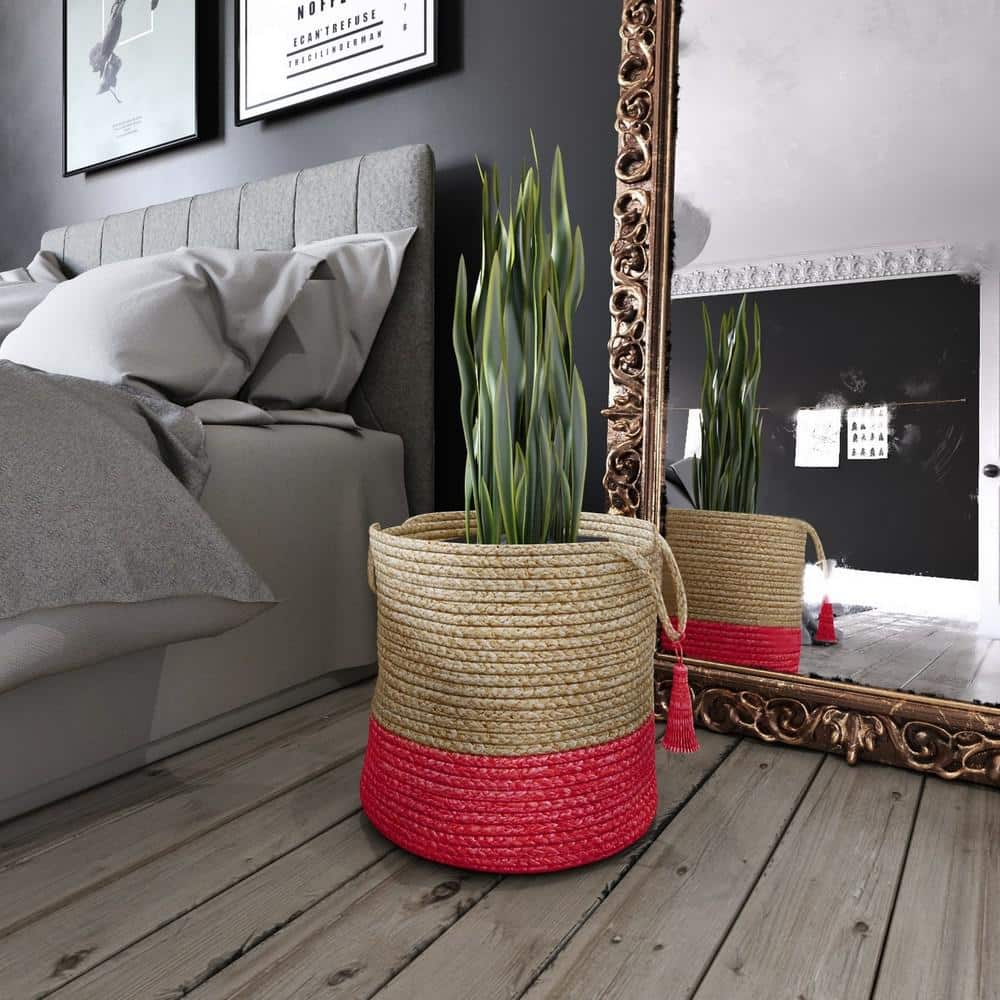 Handwoven Round Tan and Red Jute Storage Basket with Handles