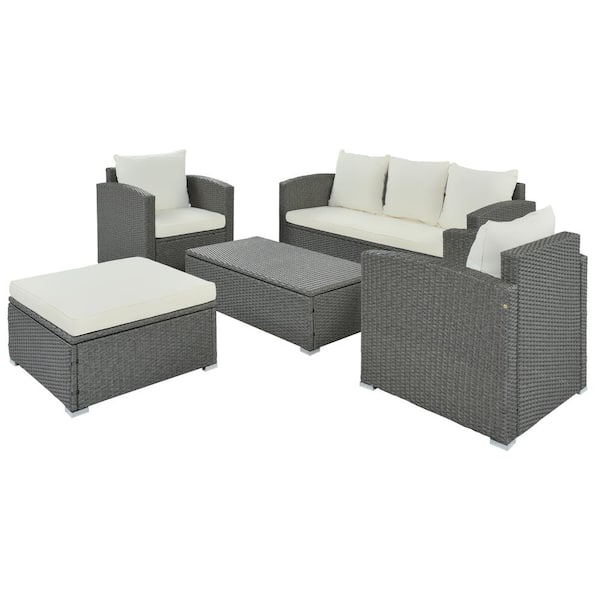 URTR 5-Piece Patio Sofa Set PE Rattan Wicker Outdoor Conversation Set with Multi-functional Table and Ottoman, Beige Cushion
