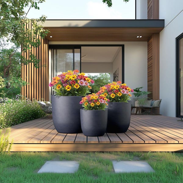 13.5 in. 17 in. 20.5 in. Granite Gray(Enhanced Core) Concrete Round Planter / Pot with Drainage Holes (3-Pack)