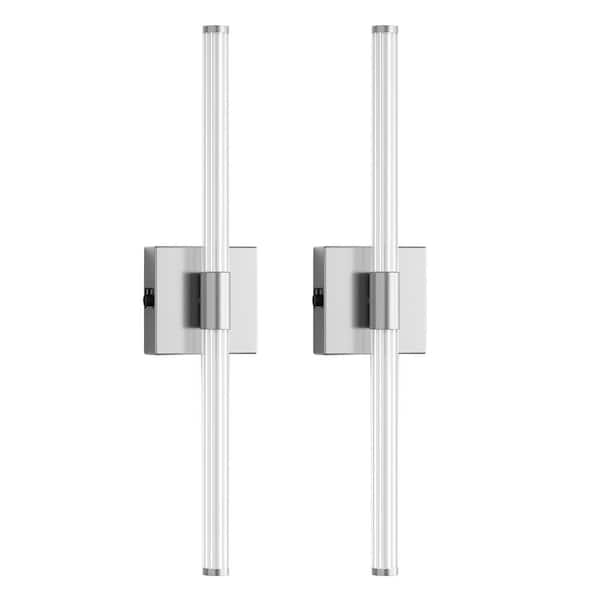 24 in. Nickel 1-Light LED Wall Light Set 3000K Rechargeable Dressing Table Light Strip for Bedroom and Bathroom (2-Pack)