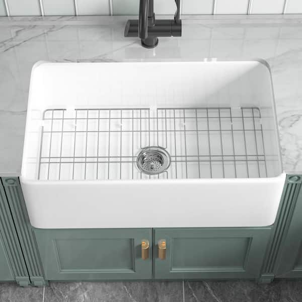 30 in. Farmhouse Sink White Fireclay Kitchen Sink Single Bowl Fireclay Sink with Bottom Grid and Drain Barn Kitchen Sink