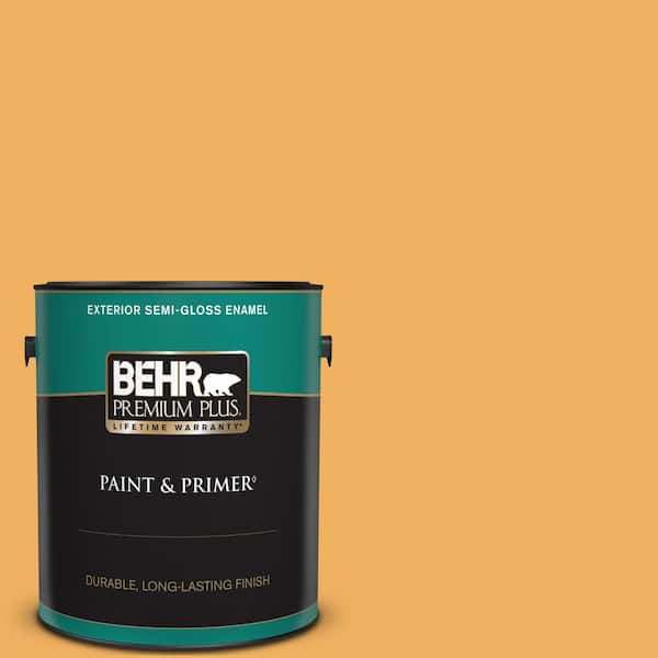BEHR PREMIUM PLUS 1 gal. #PMD-74 Sweet Honey Semi-Gloss Enamel Exterior Paint & Primer