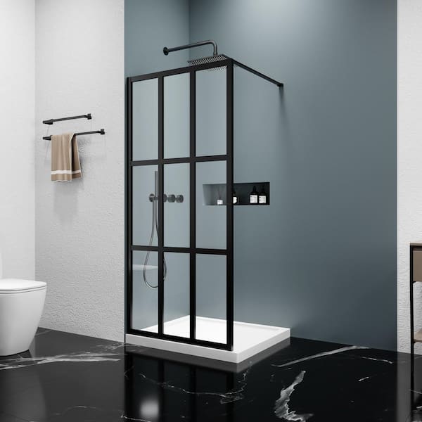 46 in. W x 72 in. H Fixed Single Panel Framed Shower Door in Black Finish with Clear Glass