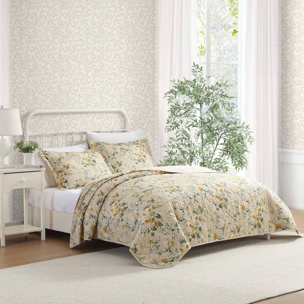 Laura Ashley Twin Reversible Cotton Quilt Set in Gold and Beige