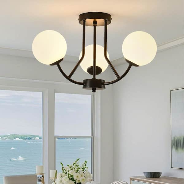 19 in. Matte Black Industrial Semi-Flush Mount Ceiling Light with Globe Frosted Glass Shade for Dinning Room Entryway