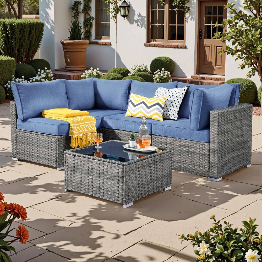 Sanibel Gray 5-Piece Wicker Patio Conversation Sofa Sectional Set with Denim Blue Cushions price history on PriceWatchPro