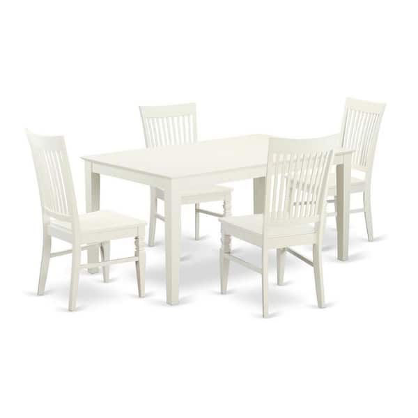 East West Furniture 5-Piece Linen White Finish Solid Wood Top Dining Table with 4 Chairs with Lattice Back