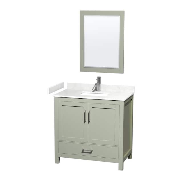 Wyndham Collection Sheffield 36 in. W x 22 in. D x 35 in. H Single Bath Vanity in Light Green with Carrara Cultured Marble Top & 24" Mirror