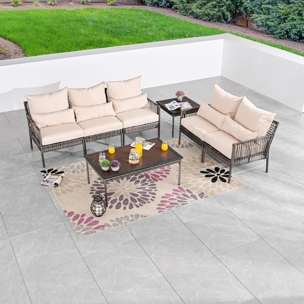 Patio Festival 7-Piece Wicker Outdoor Conversation Set with Beige Cushions