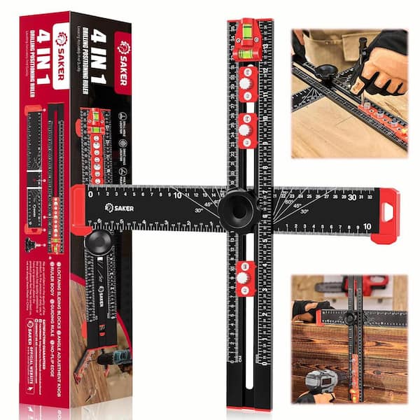 Saker 4-in-1 Drilling Positioning Ruler, Adjustable 13.78in Multifunctional T Square Ruler, Cabinet Hardware Jig