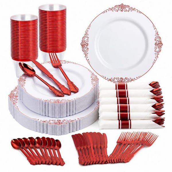 175-Piece Plastic Dinnerware Set, Service for 25, Disposable Plates, Cups, Silverware, Napkins for Christmas, in Red