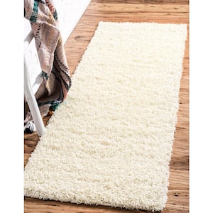Solid Shag Pure Ivory 10 ft. Runner Rug
