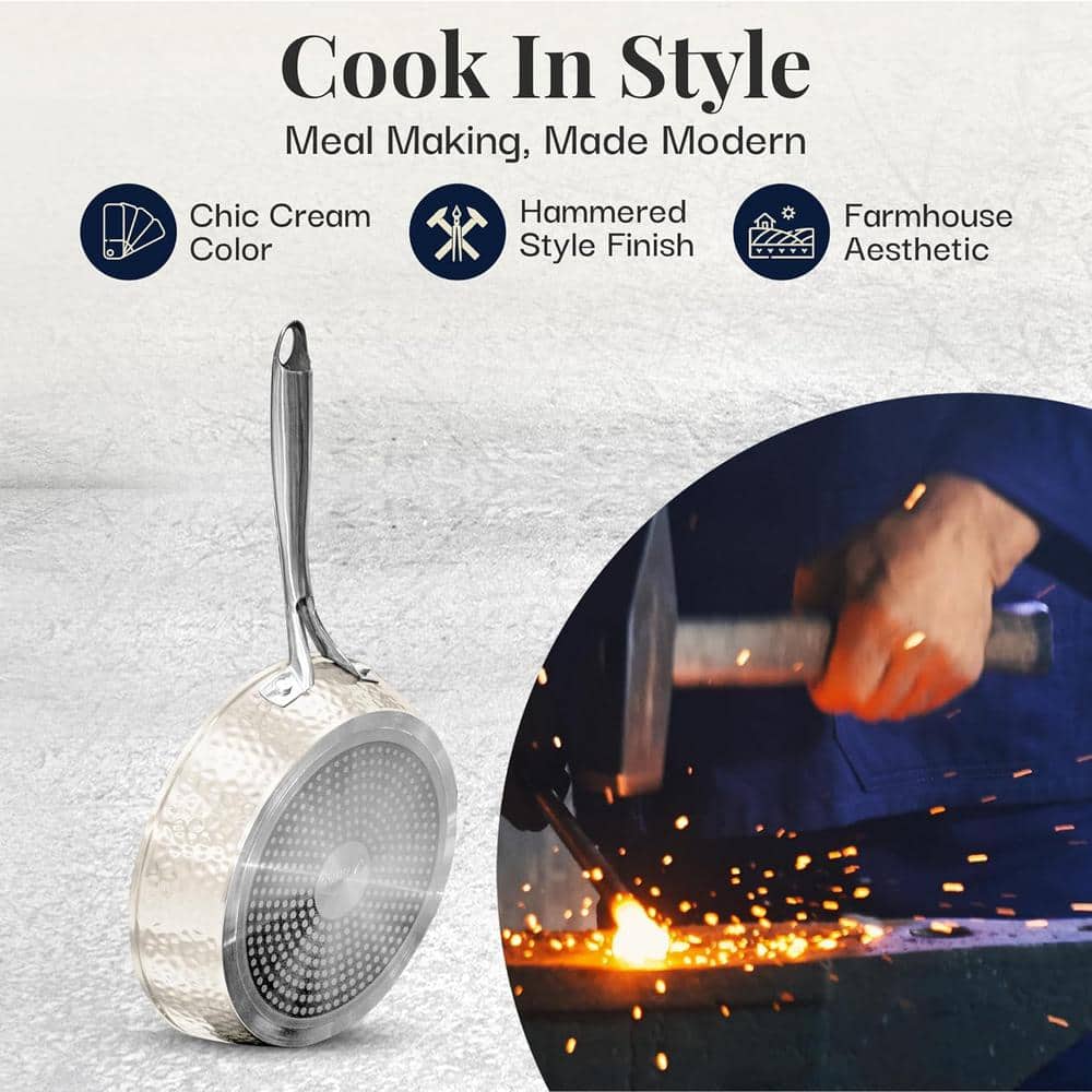 Cream Hammered 15-Piece Ceramic Nonstick Cookware Set with Utensils