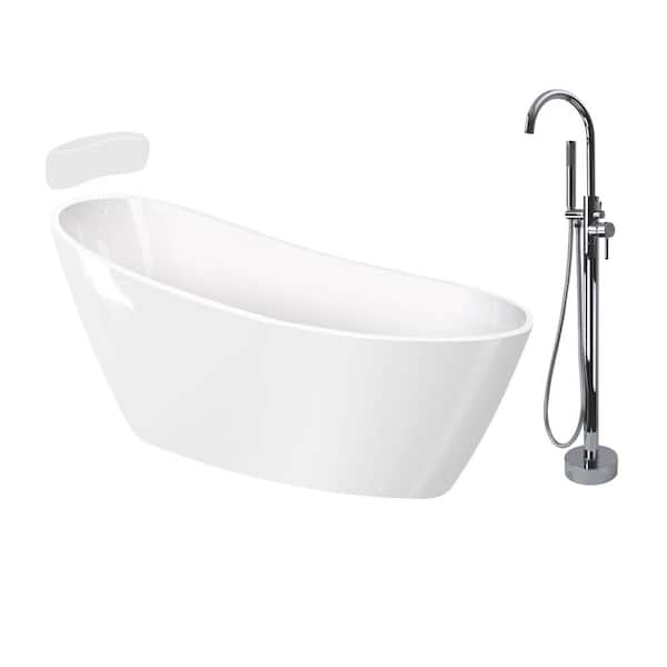 Transolid Aaliyah 59 in. x 30.75 in. Soaking Bathtub with Reversible Drain in Gloss White/Polished Chrome with Faucet and Pillow