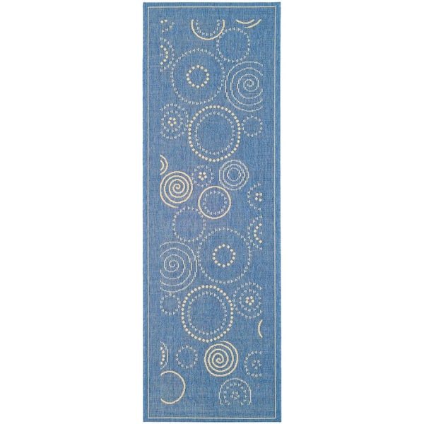 Courtyard Blue/Natural 2 ft. x 12 ft. Border Indoor/Outdoor Patio  Runner Rug