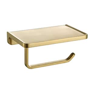 Wall Mounted Bathroom Solid Metal Toilet Paper Holder with Phone Shelf in Brushed Gold
